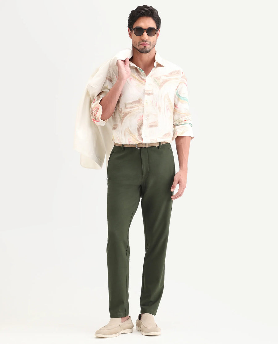 Rare Rabbit Men's Move-Ss26 Dark Olive Polyester Blend Fabric Regular Fit Plain Trouser