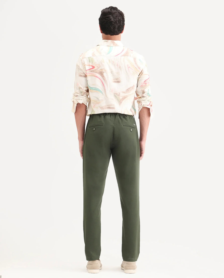 Rare Rabbit Men's Move-Ss26 Dark Olive Polyester Blend Fabric Regular Fit Plain Trouser