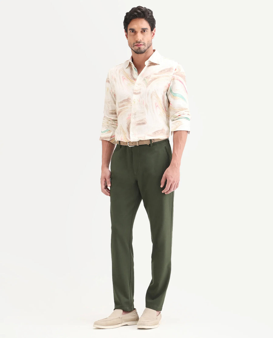 Rare Rabbit Men's Move-Ss26 Dark Olive Polyester Blend Fabric Regular Fit Plain Trouser