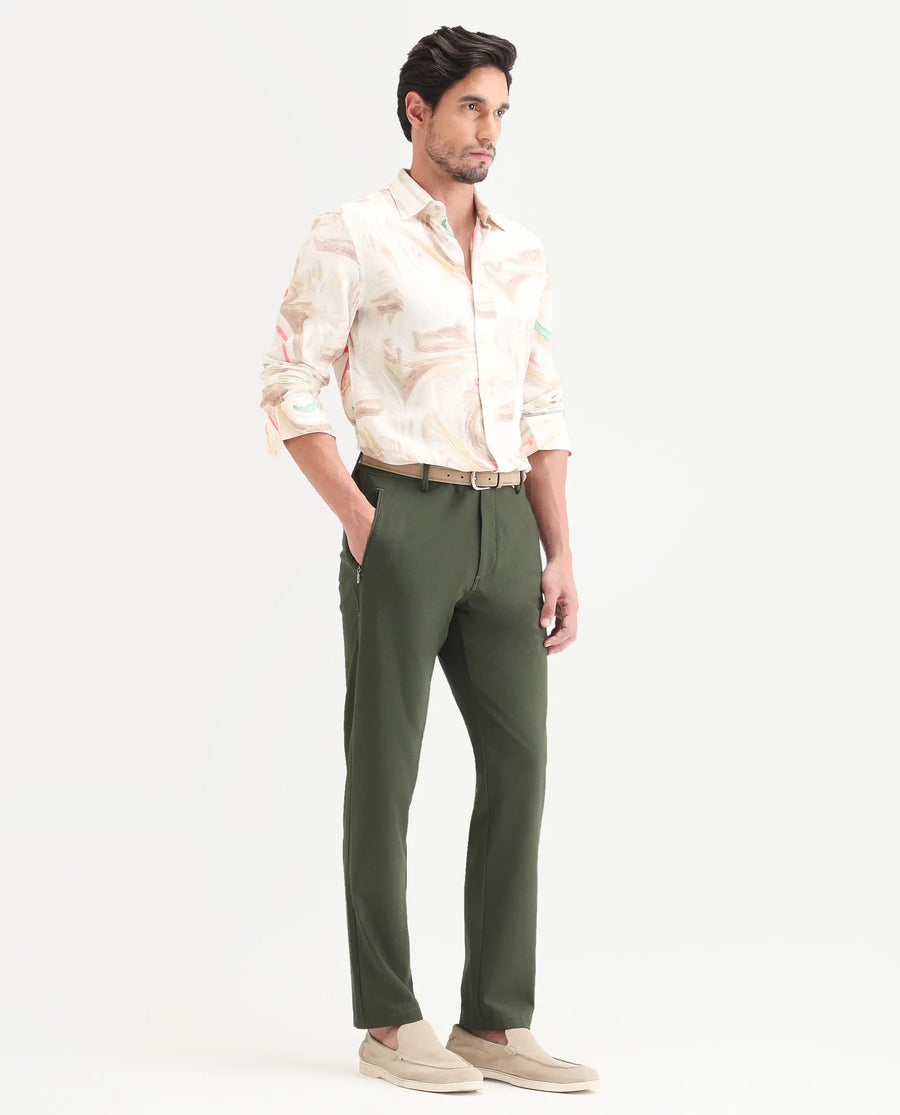 Rare Rabbit Men's Move-Ss26 Dark Olive Polyester Blend Fabric Regular Fit Plain Trouser