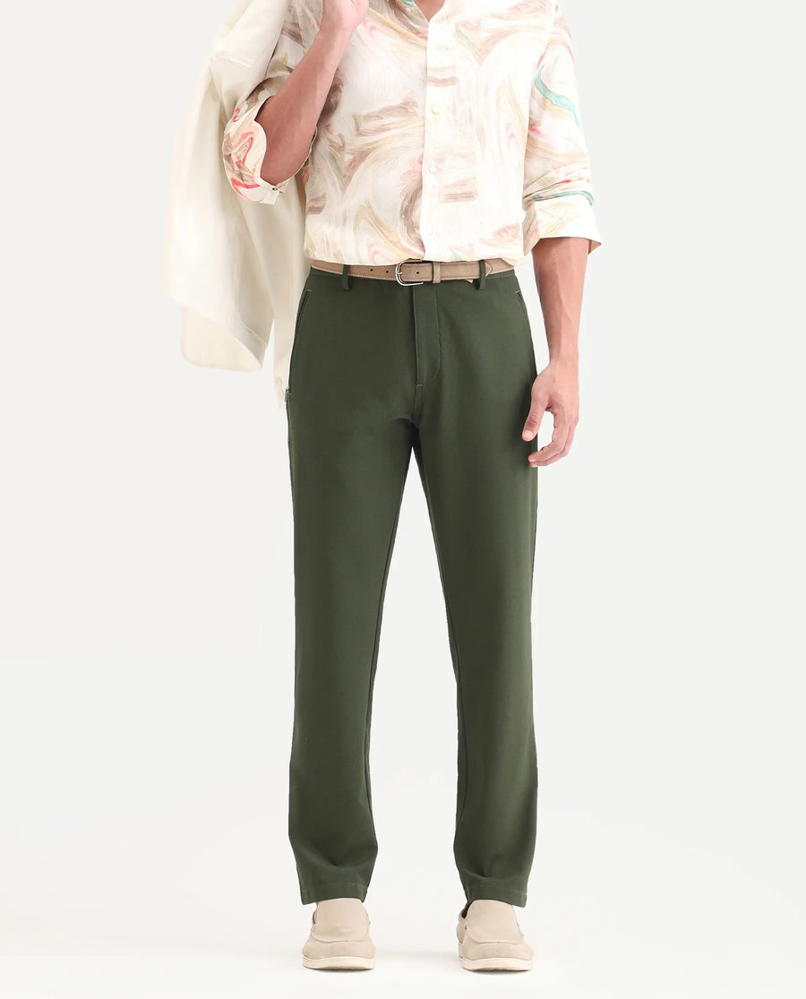 Rare Rabbit Men's Move-Ss26 Dark Olive Polyester Blend Fabric Regular Fit Plain Trouser