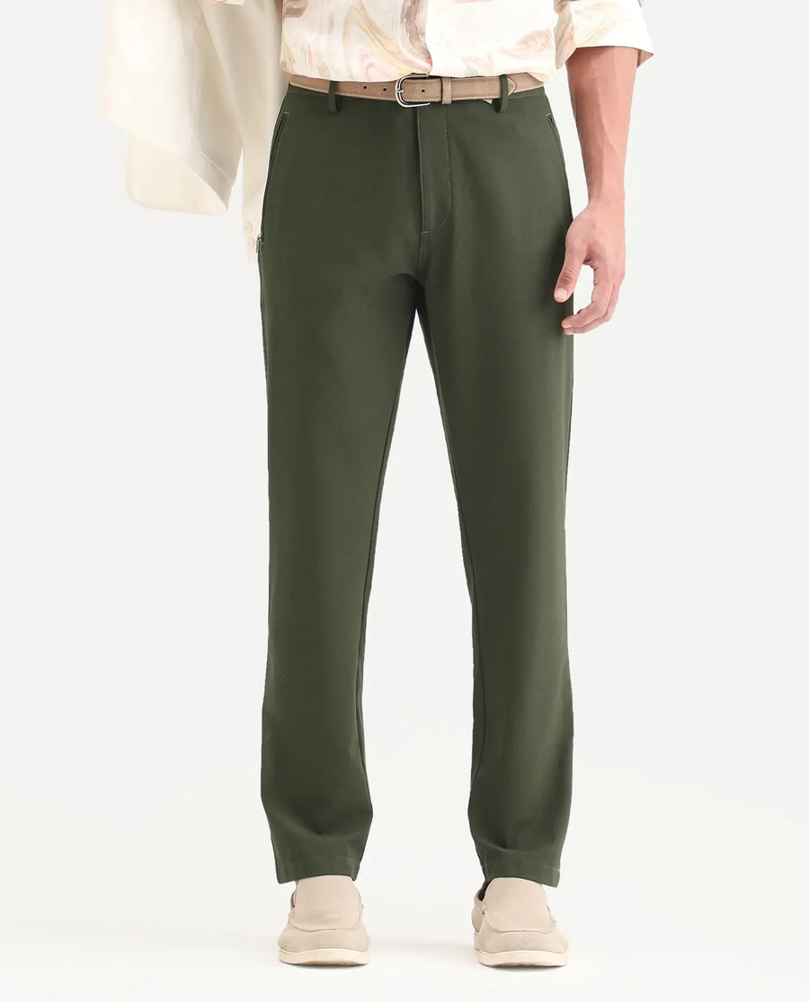 Rare Rabbit Men's Move-Ss26 Dark Olive Polyester Blend Fabric Regular Fit Plain Trouser