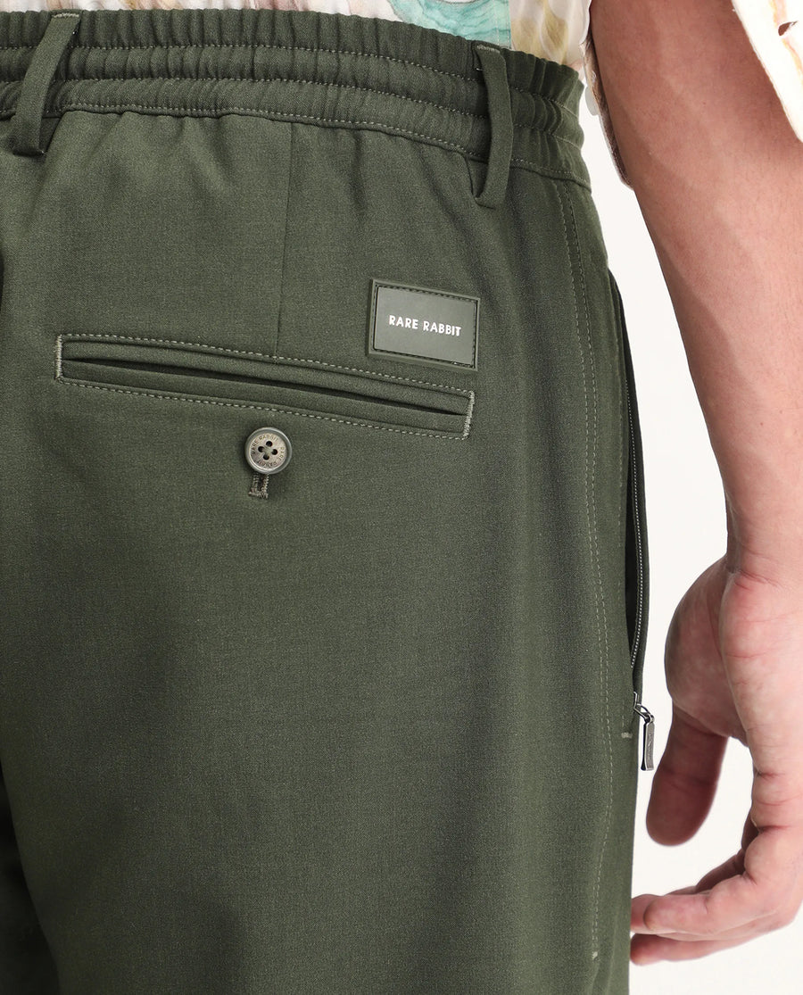 Rare Rabbit Men's Move-Ss26 Dark Olive Polyester Blend Fabric Regular Fit Plain Trouser