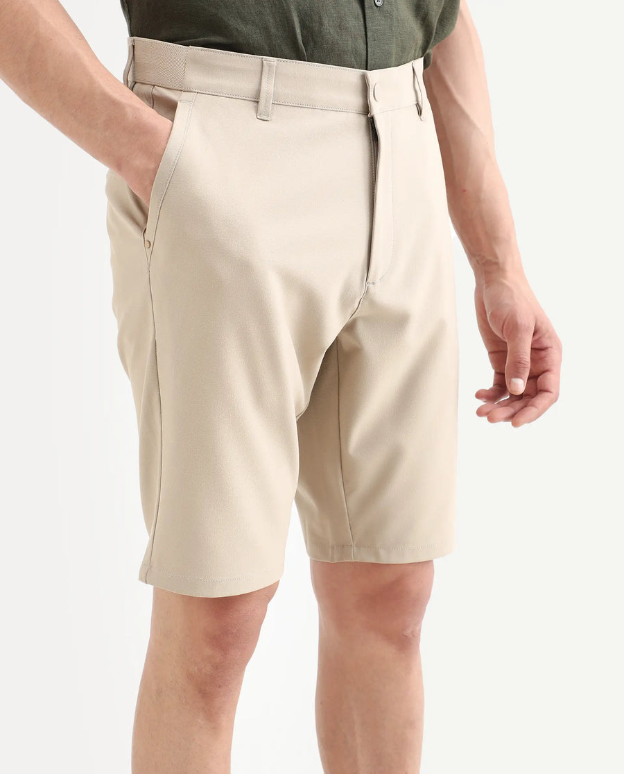 Rare Rabbit Men's Drivo-Ss26 Light Khaki Polyester Blend Fabric Regular Fit Plain Shorts