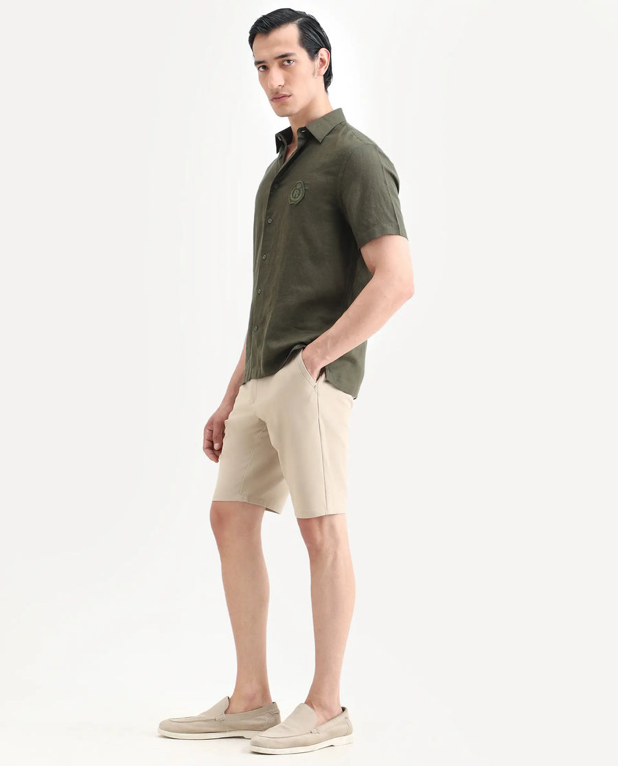 Rare Rabbit Men's Drivo-Ss26 Light Khaki Polyester Blend Fabric Regular Fit Plain Shorts