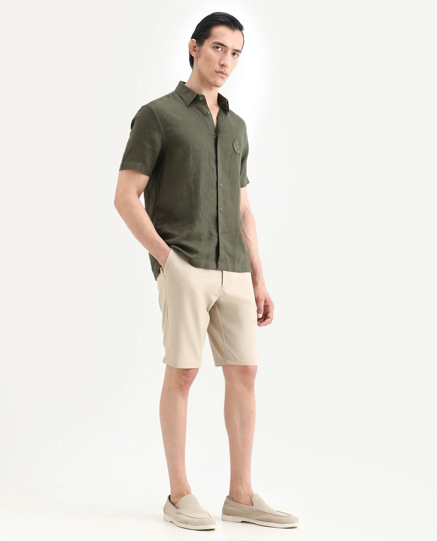 Rare Rabbit Men's Drivo-Ss26 Light Khaki Polyester Blend Fabric Regular Fit Plain Shorts