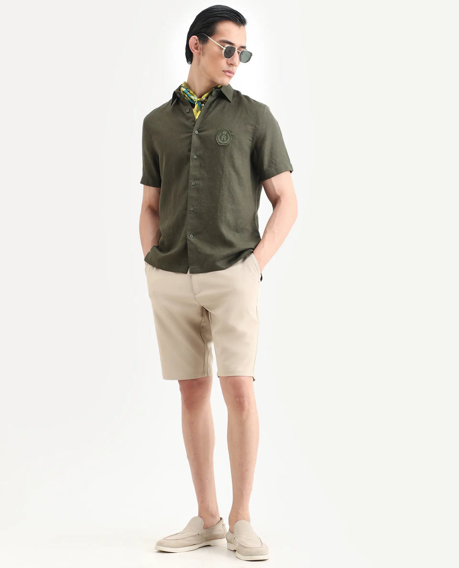 Rare Rabbit Men's Drivo-Ss26 Light Khaki Polyester Blend Fabric Regular Fit Plain Shorts