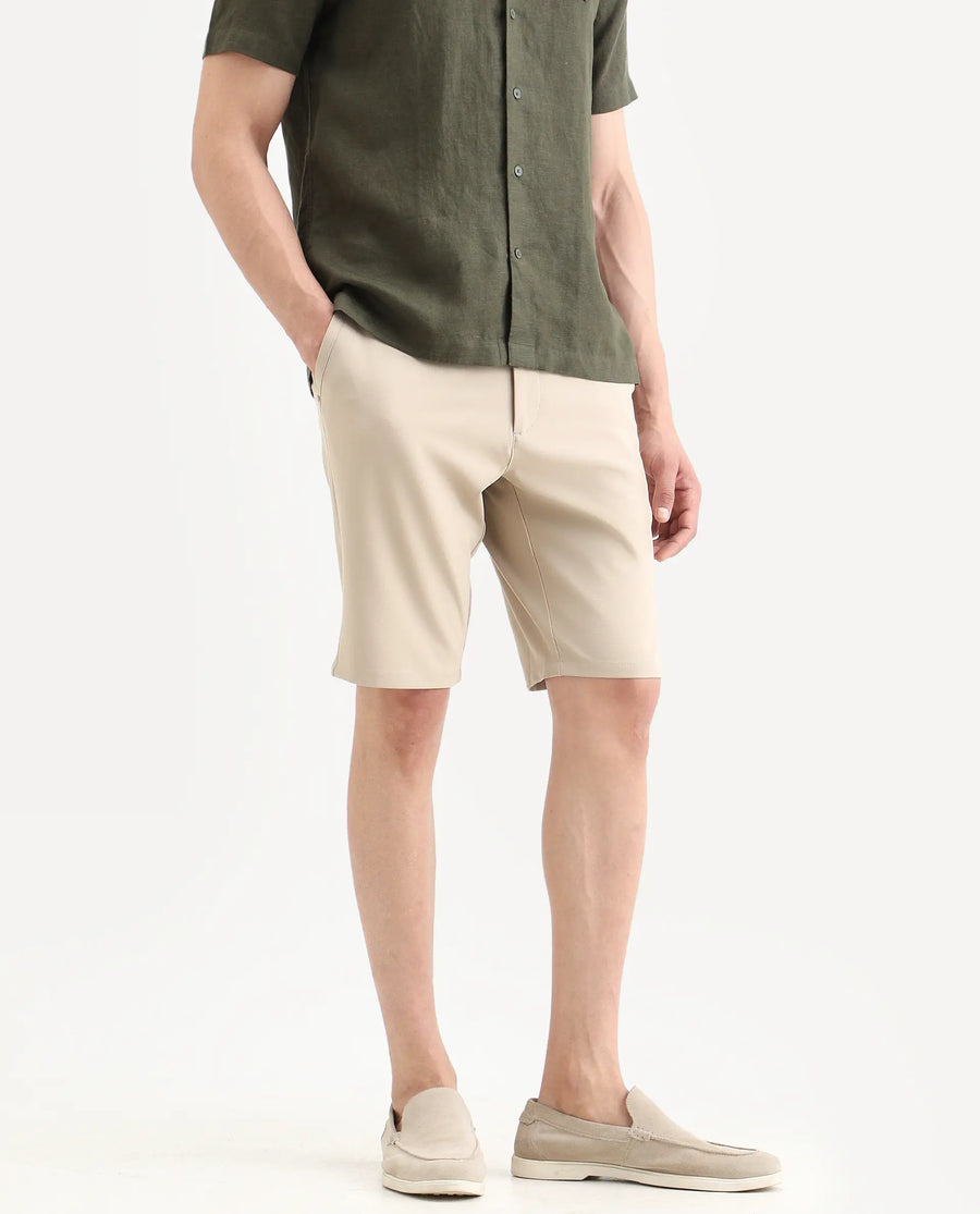 Rare Rabbit Men's Drivo-Ss26 Light Khaki Polyester Blend Fabric Regular Fit Plain Shorts
