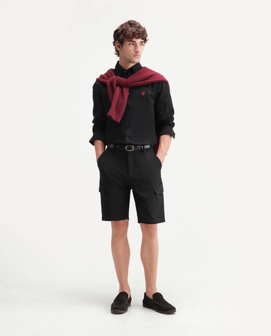 Rare Rabbit Men's Tripco-Ss26 Black Polyester Blend Fabric Relaxed Fit Plain Shorts