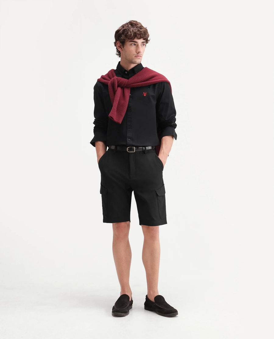 Rare Rabbit Men's Tripco-Ss26 Black Polyester Blend Fabric Relaxed Fit Plain Shorts