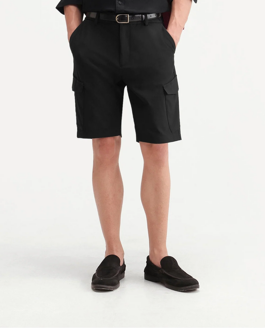 Rare Rabbit Men's Tripco-Ss26 Black Polyester Blend Fabric Relaxed Fit Plain Shorts