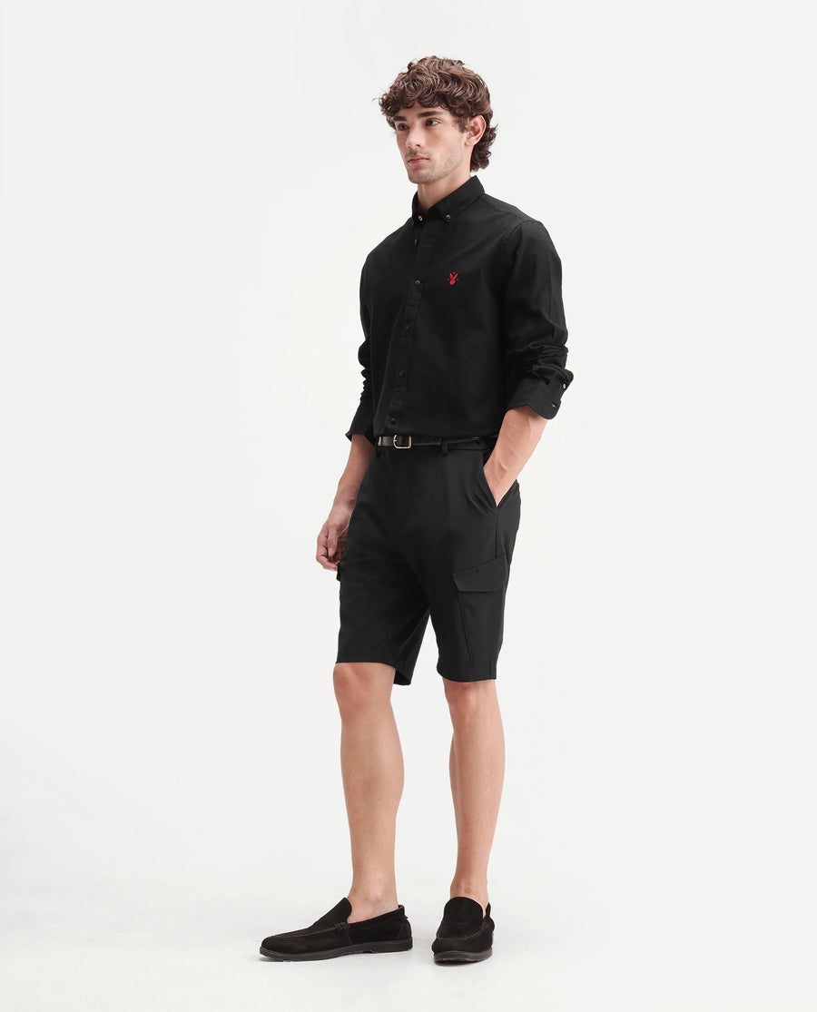 Rare Rabbit Men's Tripco-Ss26 Black Polyester Blend Fabric Relaxed Fit Plain Shorts