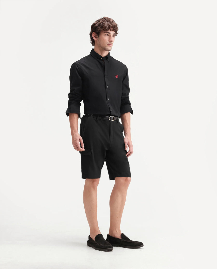 Rare Rabbit Men's Tripco-Ss26 Black Polyester Blend Fabric Relaxed Fit Plain Shorts