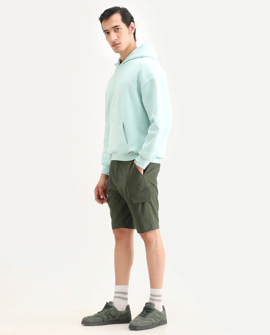 Rare Rabbit Men's Tripco-Ss26 Dark Olive Polyester Blend Fabric Relaxed Fit Plain Shorts