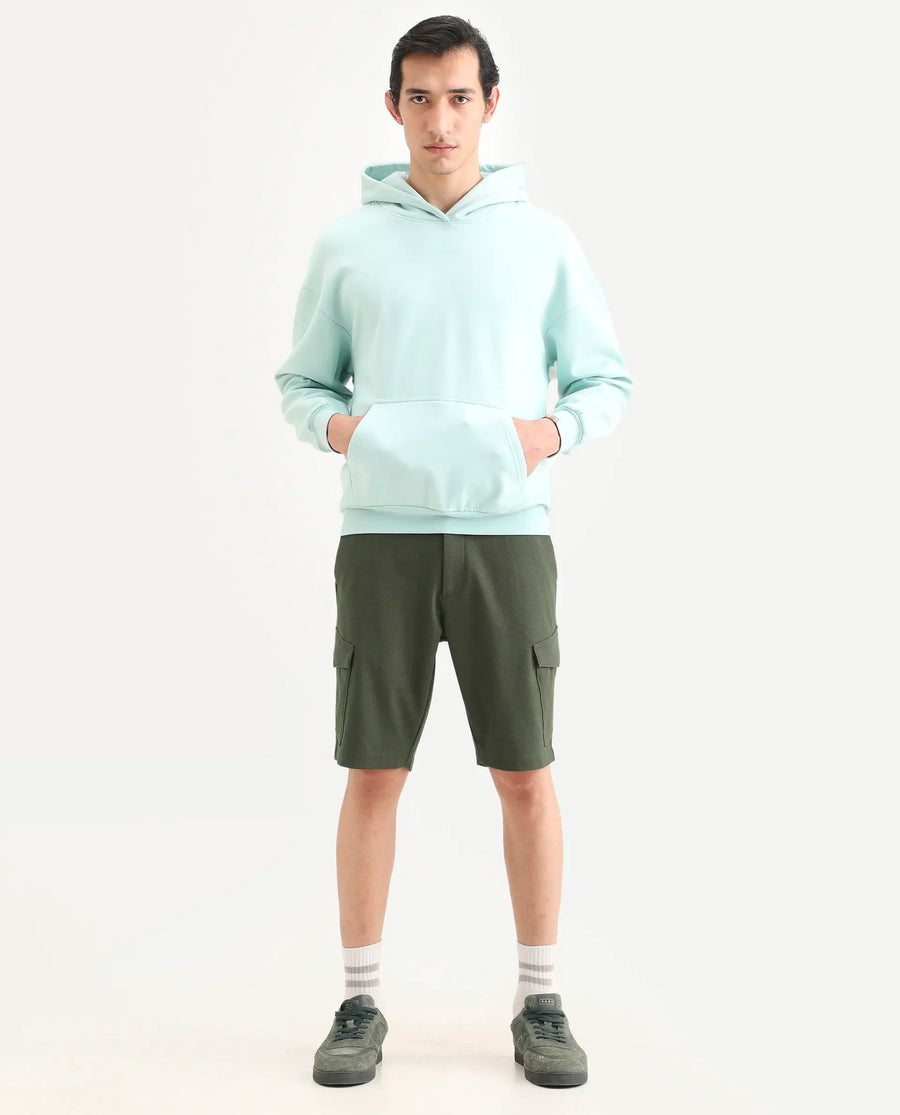 Rare Rabbit Men's Tripco-Ss26 Dark Olive Polyester Blend Fabric Relaxed Fit Plain Shorts