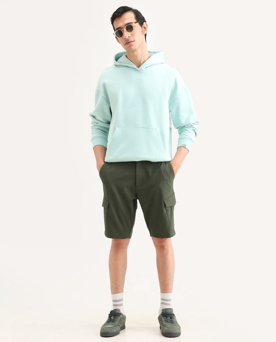 Rare Rabbit Men's Tripco-Ss26 Dark Olive Polyester Blend Fabric Relaxed Fit Plain Shorts