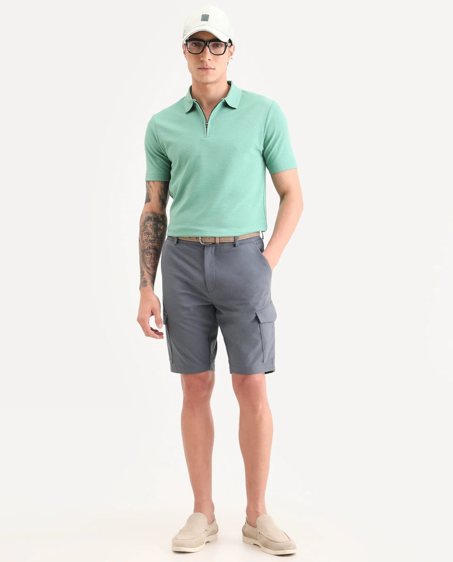 Rare Rabbit Men's Tripco-Ss26 Dusky Blue Polyester Blend Fabric Relaxed Fit Plain Shorts