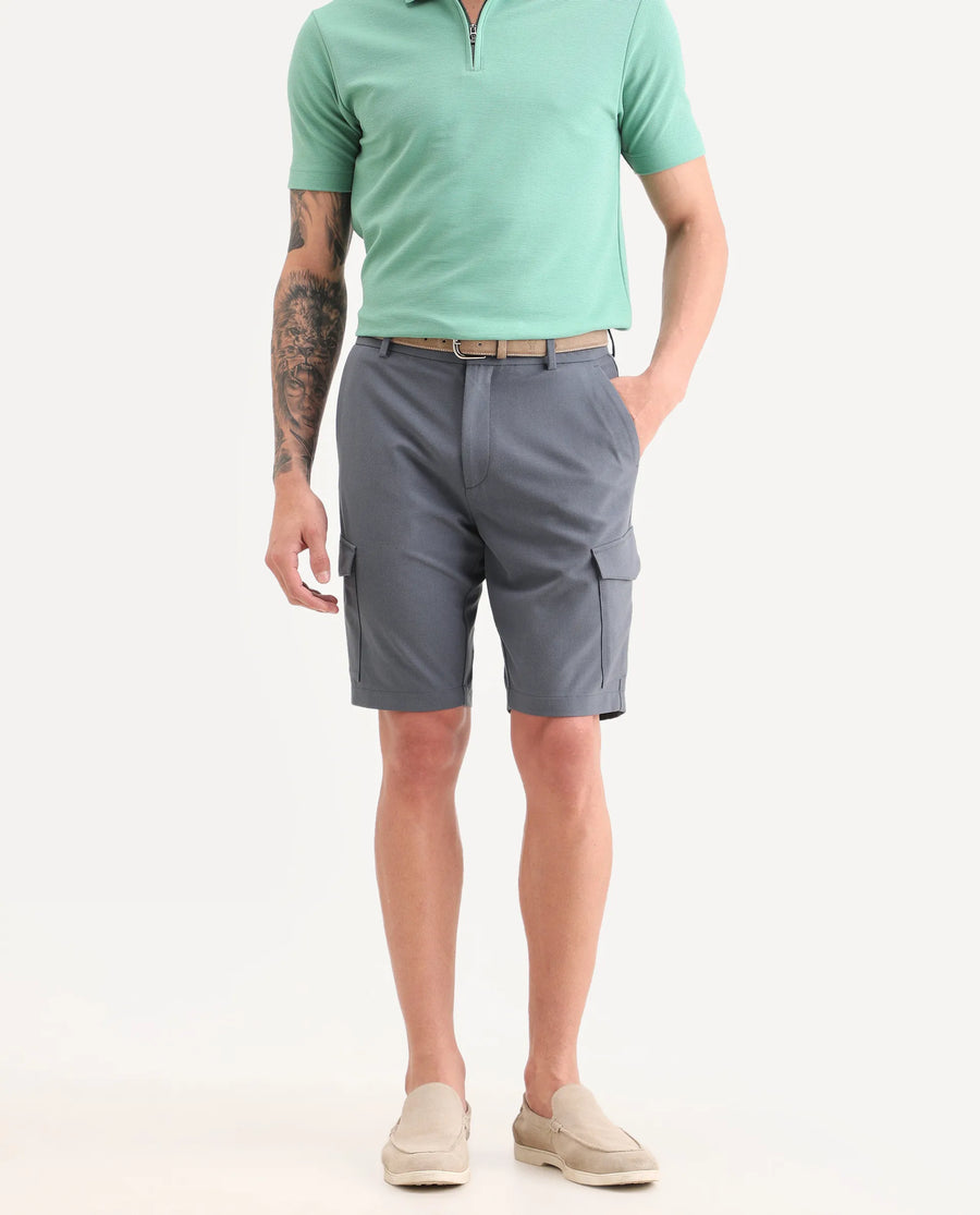 Rare Rabbit Men's Tripco-Ss26 Dusky Blue Polyester Blend Fabric Relaxed Fit Plain Shorts