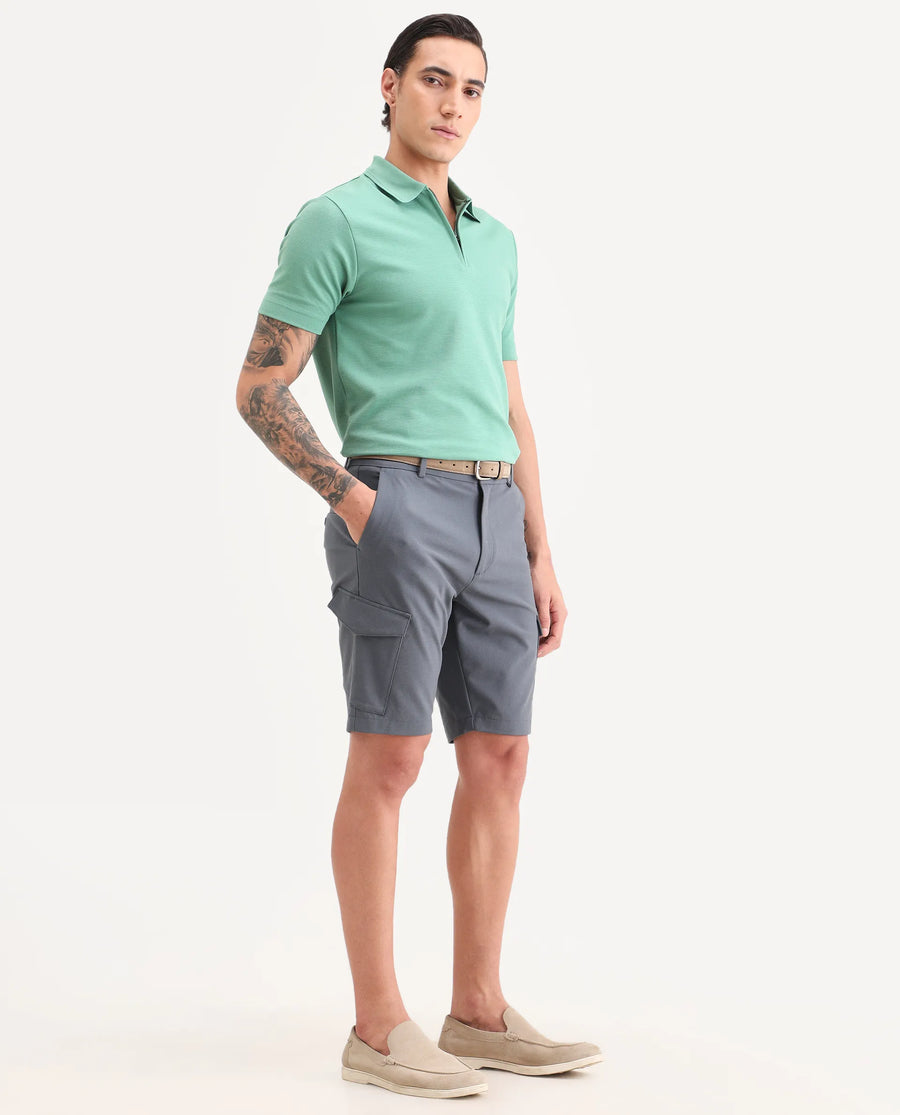 Rare Rabbit Men's Tripco-Ss26 Dusky Blue Polyester Blend Fabric Relaxed Fit Plain Shorts