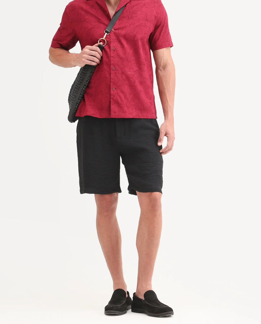 Rare Rabbit Men's Veon-St Black Viscose Blend Fabric Relaxed Fit Plain Shorts