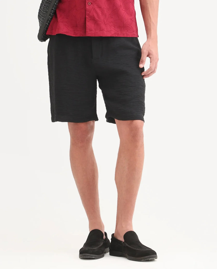 Rare Rabbit Men's Veon-St Black Viscose Blend Fabric Relaxed Fit Plain Shorts
