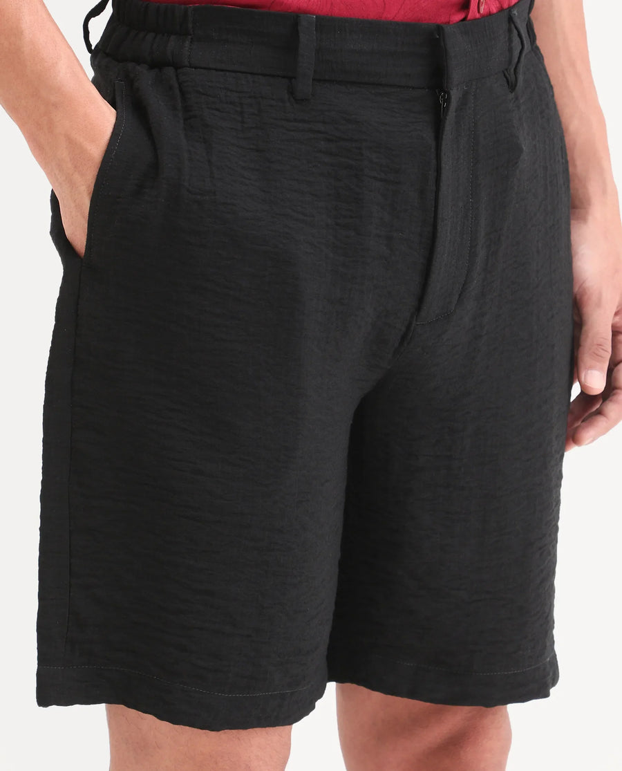 Rare Rabbit Men's Veon-St Black Viscose Blend Fabric Relaxed Fit Plain Shorts