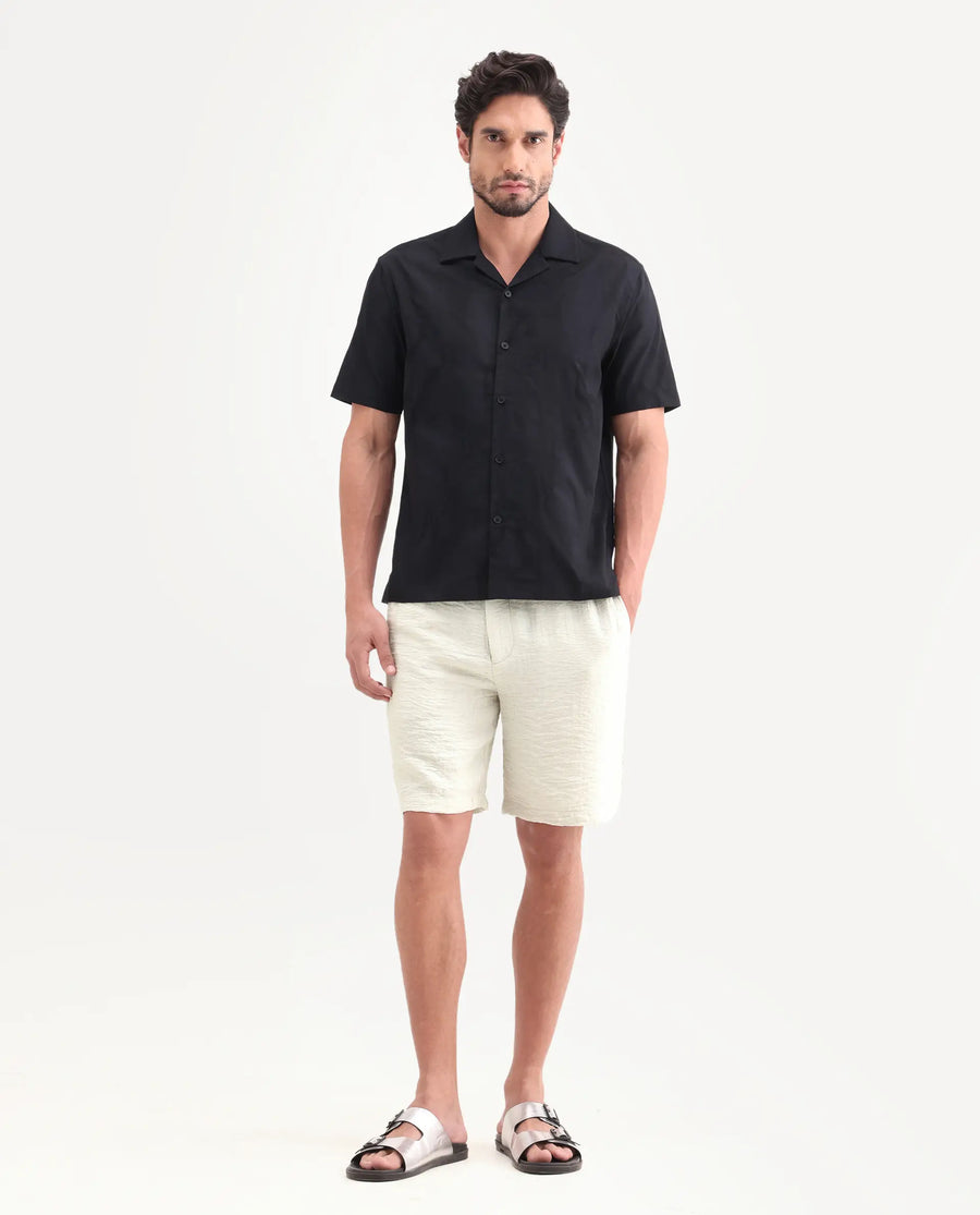 Rare Rabbit Men's Veon-St Off White Viscose Blend Fabric Relaxed Fit Plain Shorts
