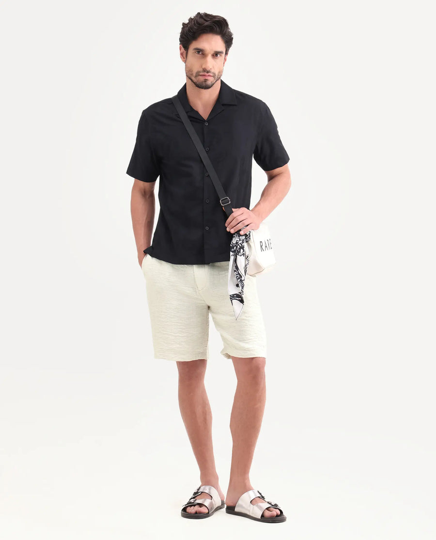Rare Rabbit Men's Veon-St Off White Viscose Blend Fabric Relaxed Fit Plain Shorts