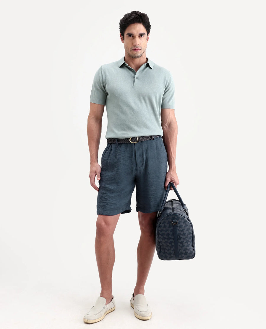 Rare Rabbit Men's Veon-St Dusky Blue Viscose Blend Fabric Relaxed Fit Plain Shorts
