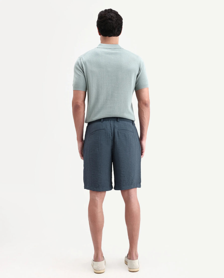 Rare Rabbit Men's Veon-St Dusky Blue Viscose Blend Fabric Relaxed Fit Plain Shorts