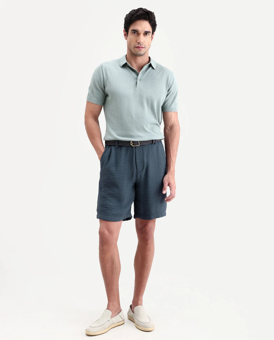 Rare Rabbit Men's Veon-St Dusky Blue Viscose Blend Fabric Relaxed Fit Plain Shorts