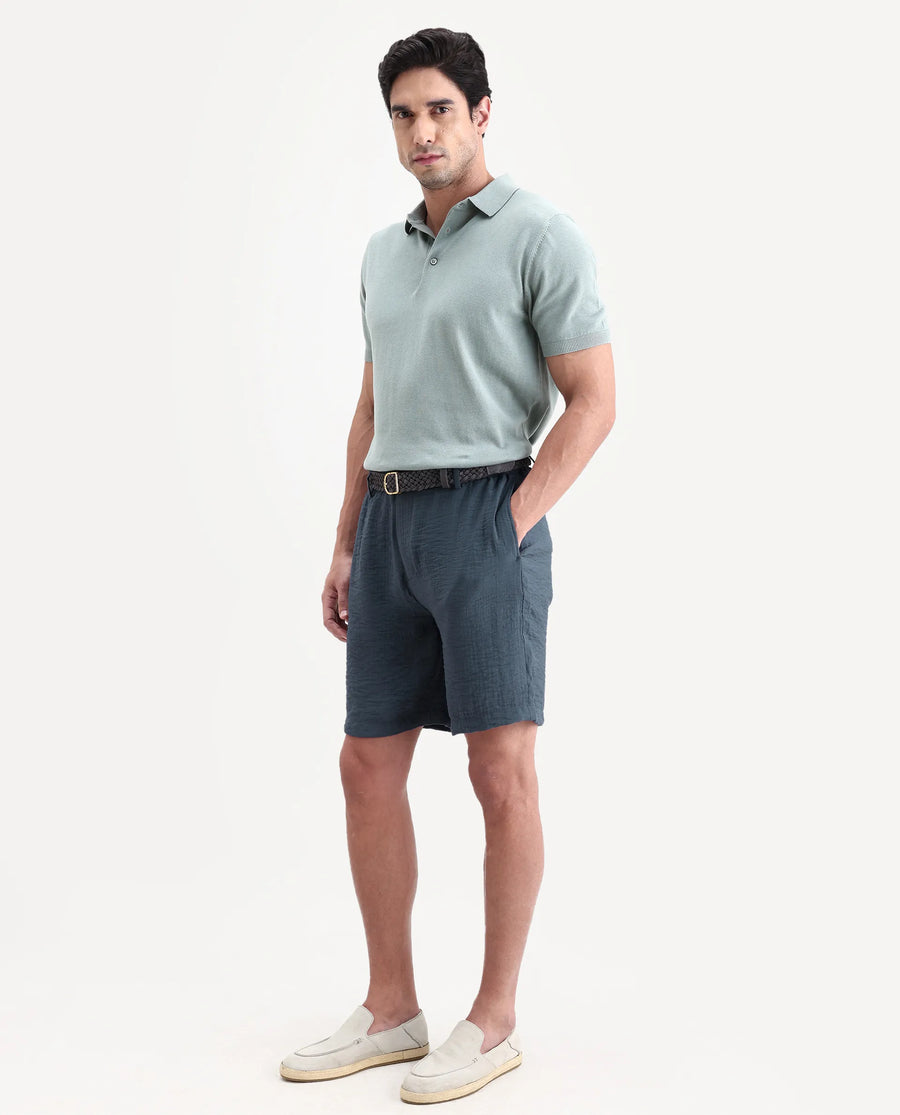 Rare Rabbit Men's Veon-St Dusky Blue Viscose Blend Fabric Relaxed Fit Plain Shorts