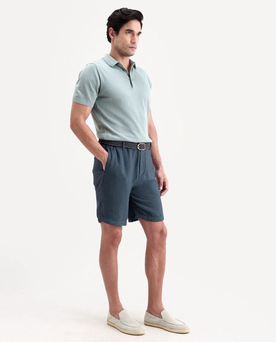 Rare Rabbit Men's Veon-St Dusky Blue Viscose Blend Fabric Relaxed Fit Plain Shorts