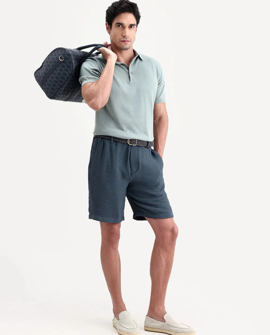 Rare Rabbit Men's Veon-St Dusky Blue Viscose Blend Fabric Relaxed Fit Plain Shorts