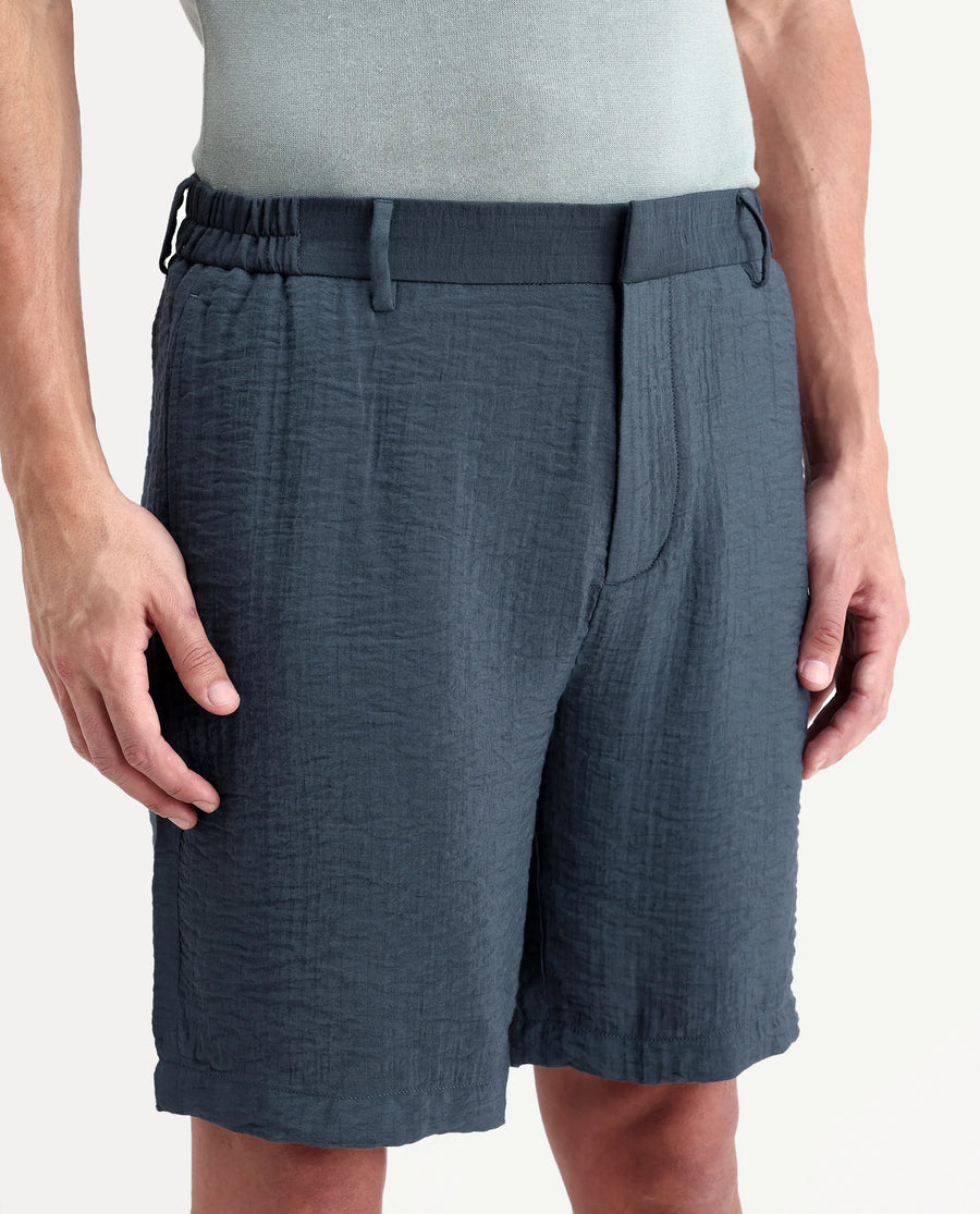 Rare Rabbit Men's Veon-St Dusky Blue Viscose Blend Fabric Relaxed Fit Plain Shorts