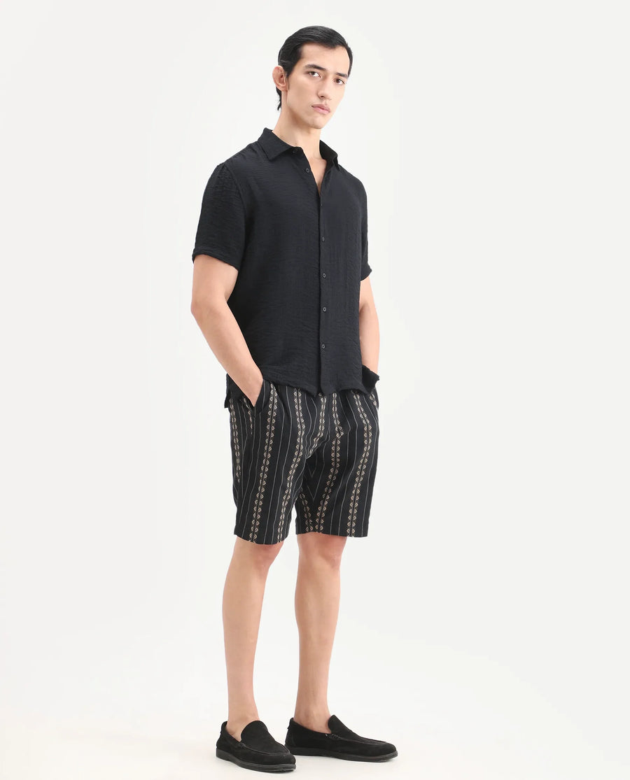 Rare Rabbit Men's Tex Black Cotton Fabric Regular Fit Jacquard Shorts