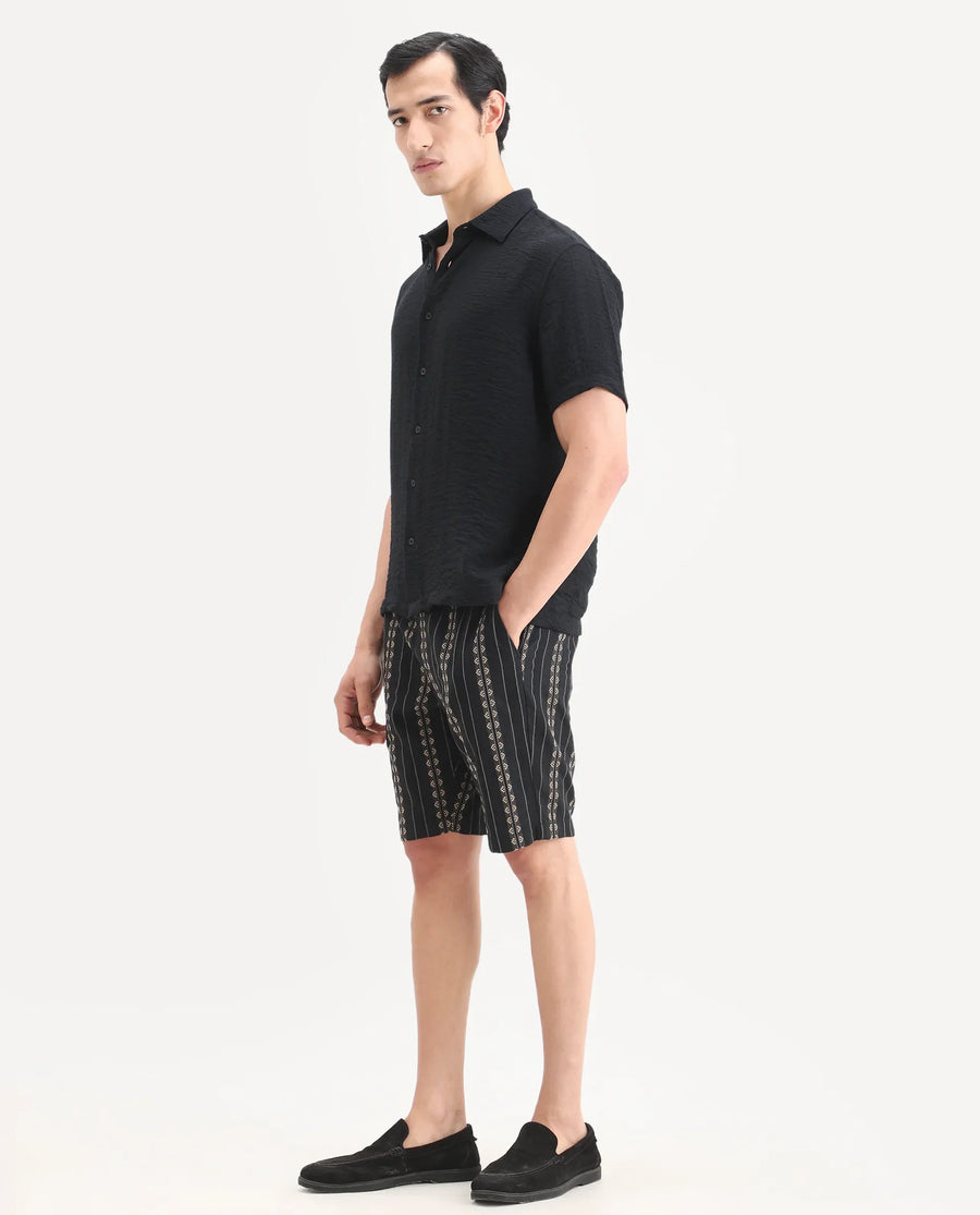 Rare Rabbit Men's Tex Black Cotton Fabric Regular Fit Jacquard Shorts