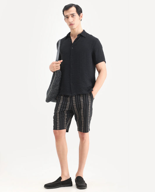 Rare Rabbit Men's Tex Black Cotton Fabric Regular Fit Jacquard Shorts