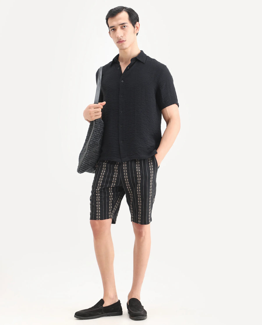 Rare Rabbit Men's Tex Black Cotton Fabric Regular Fit Jacquard Shorts