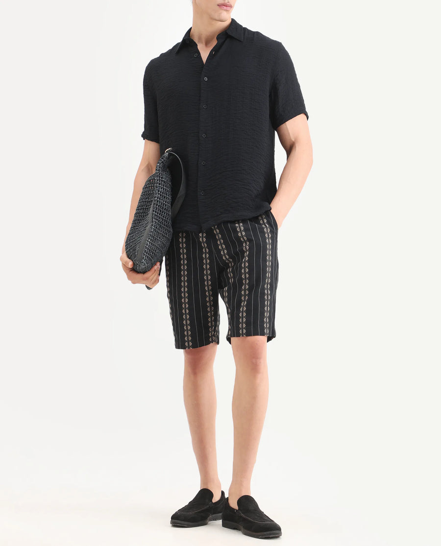 Rare Rabbit Men's Tex Black Cotton Fabric Regular Fit Jacquard Shorts