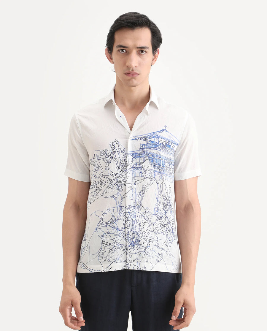 Rare Rabbit Men's Peine White Cotton Fabric Half Sleeve Spread Collar Regular Fit Graphic Print Shirt