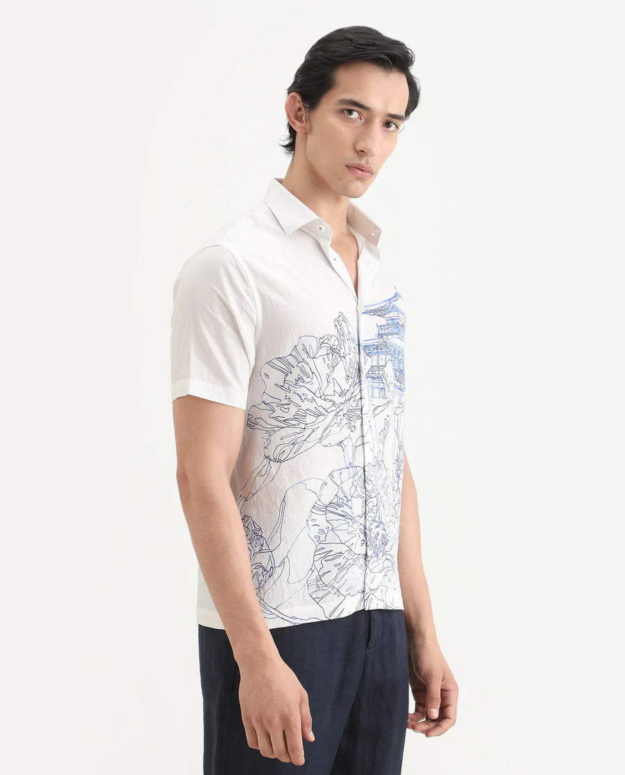 Rare Rabbit Men's Peine White Cotton Fabric Half Sleeve Spread Collar Regular Fit Graphic Print Shirt