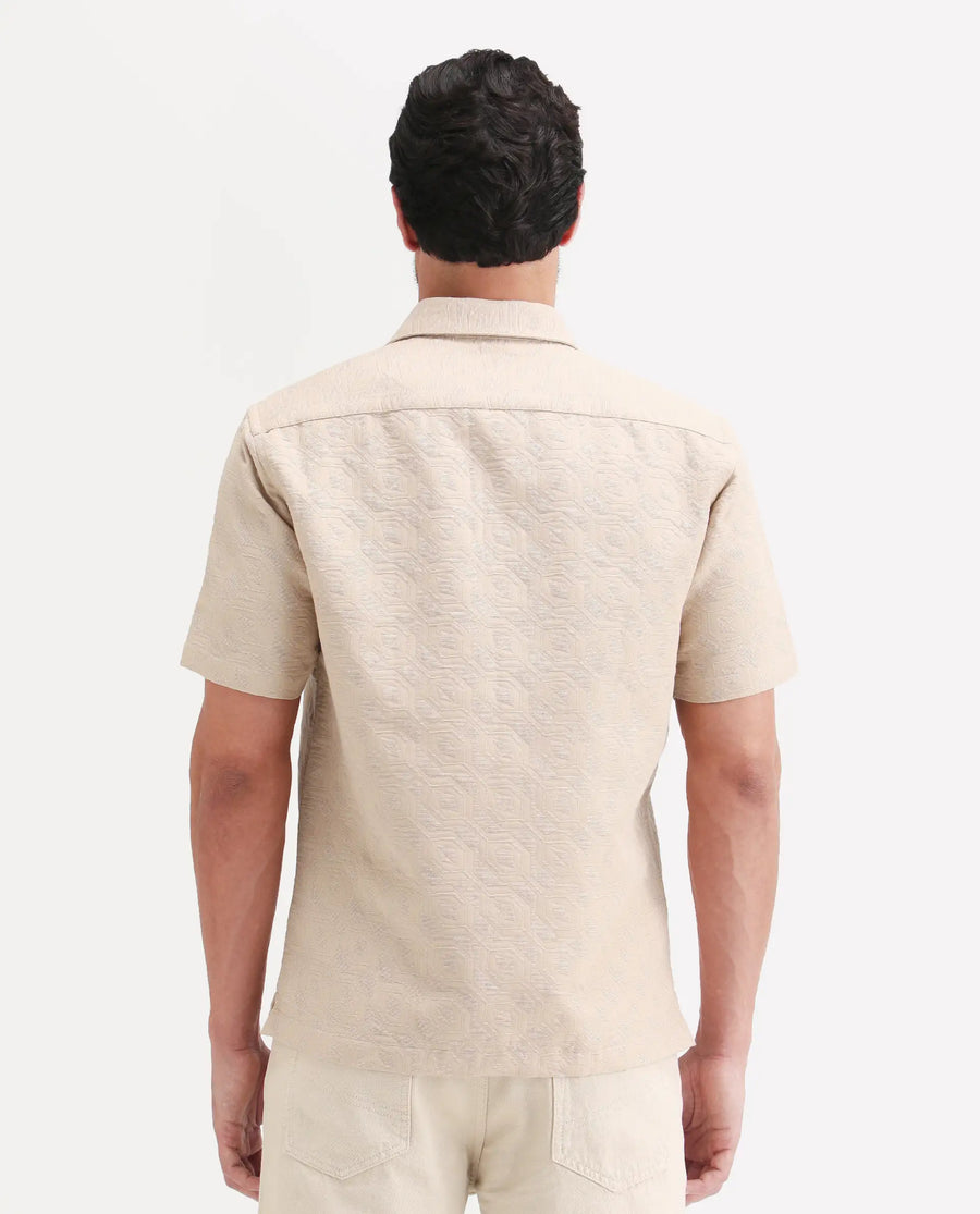 Rare Rabbit Men's Wedel Beige Cotton Fabric Half Sleeve Spread Collar Regular Fit Jacquard Shirt