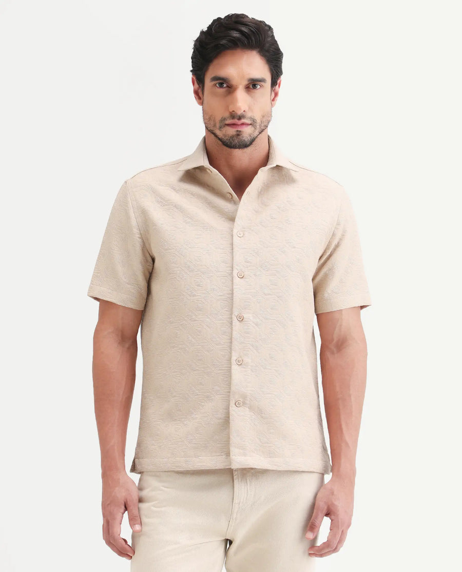 Rare Rabbit Men's Wedel Beige Cotton Fabric Half Sleeve Spread Collar Regular Fit Jacquard Shirt