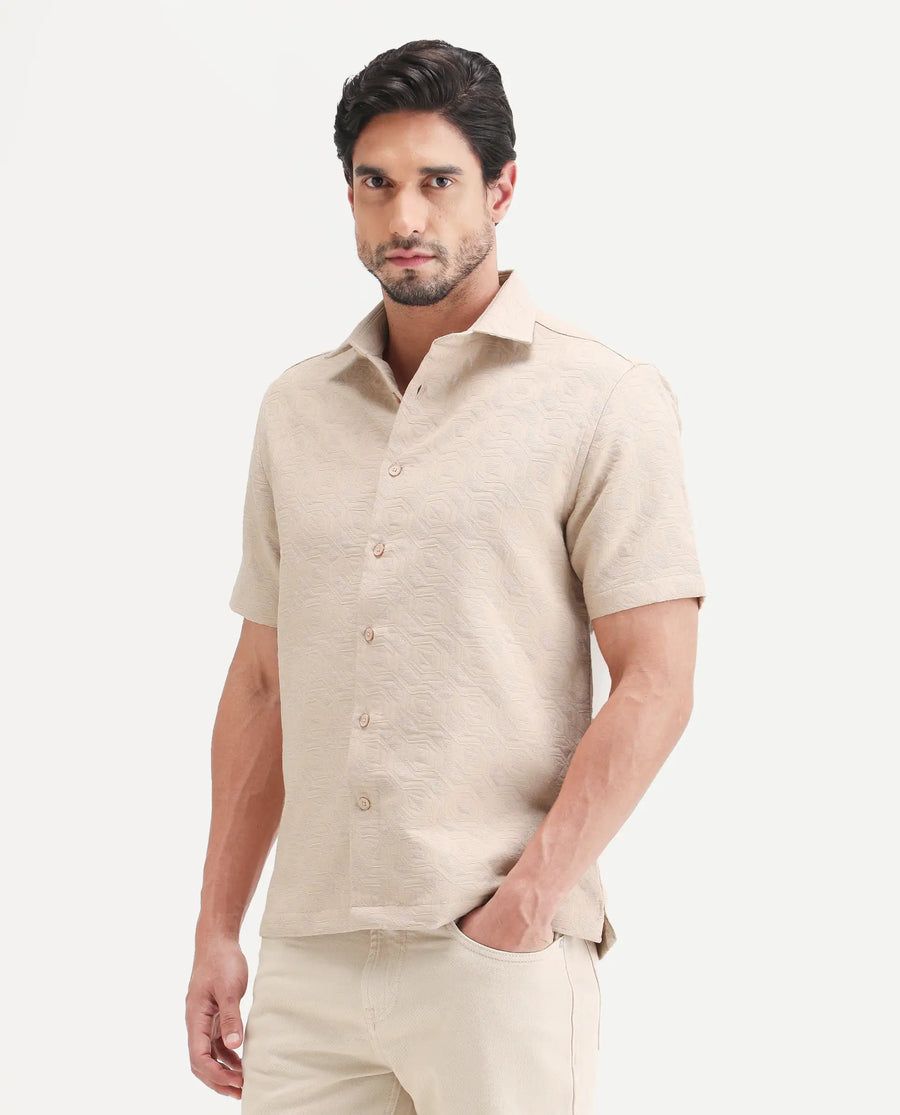 Rare Rabbit Men's Wedel Beige Cotton Fabric Half Sleeve Spread Collar Regular Fit Jacquard Shirt