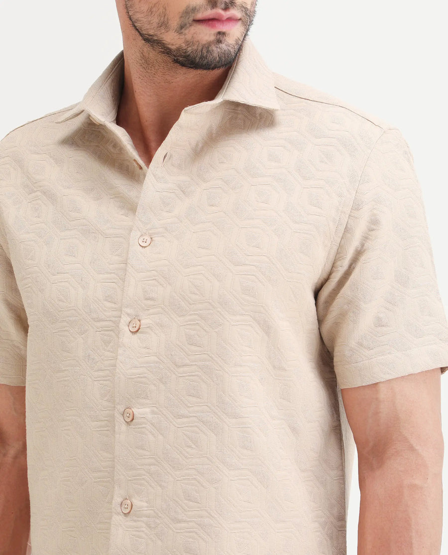 Rare Rabbit Men's Wedel Beige Cotton Fabric Half Sleeve Spread Collar Regular Fit Jacquard Shirt