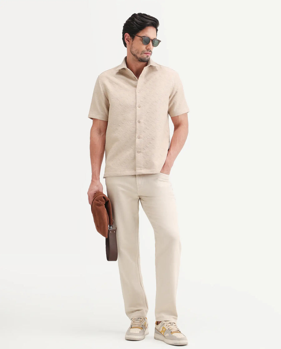 Rare Rabbit Men's Wedel Beige Cotton Fabric Half Sleeve Spread Collar Regular Fit Jacquard Shirt