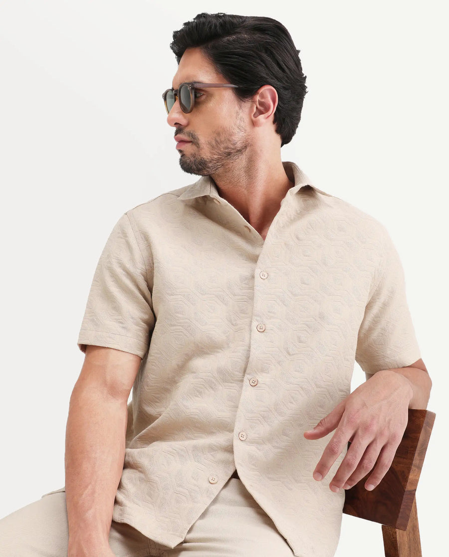 Rare Rabbit Men's Wedel Beige Cotton Fabric Half Sleeve Spread Collar Regular Fit Jacquard Shirt