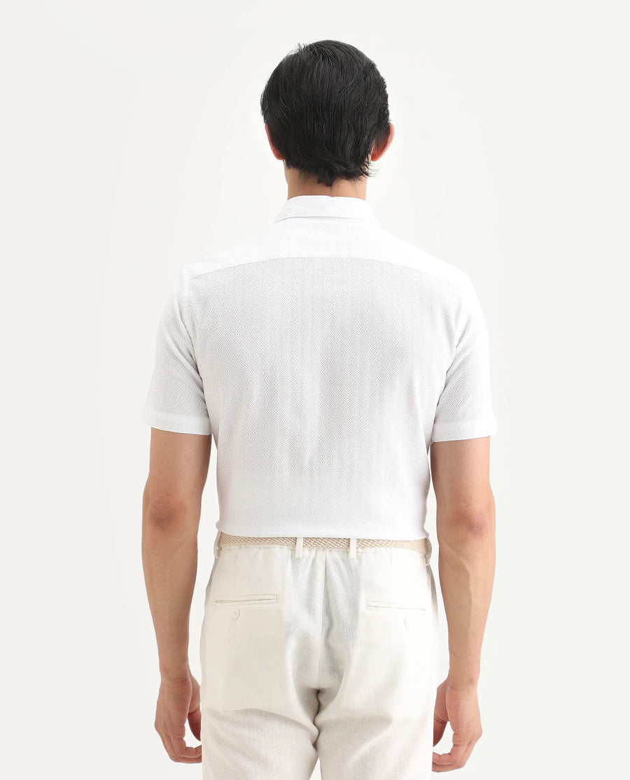 Rare Rabbit Men's Volda White Cotton Fabric Half Sleeve Spread Collar Regular Fit Textured Shirt