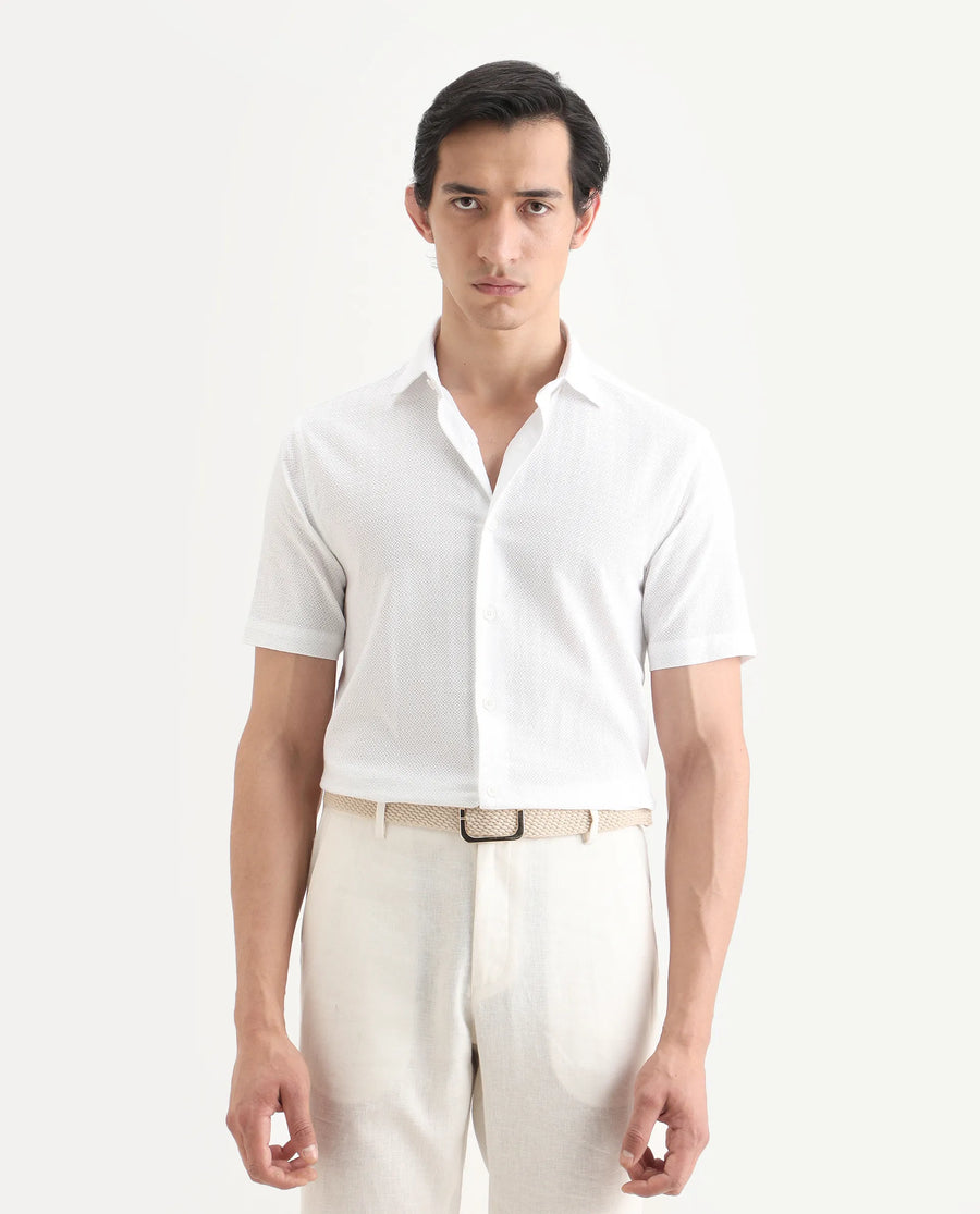 Rare Rabbit Men's Volda White Cotton Fabric Half Sleeve Spread Collar Regular Fit Textured Shirt